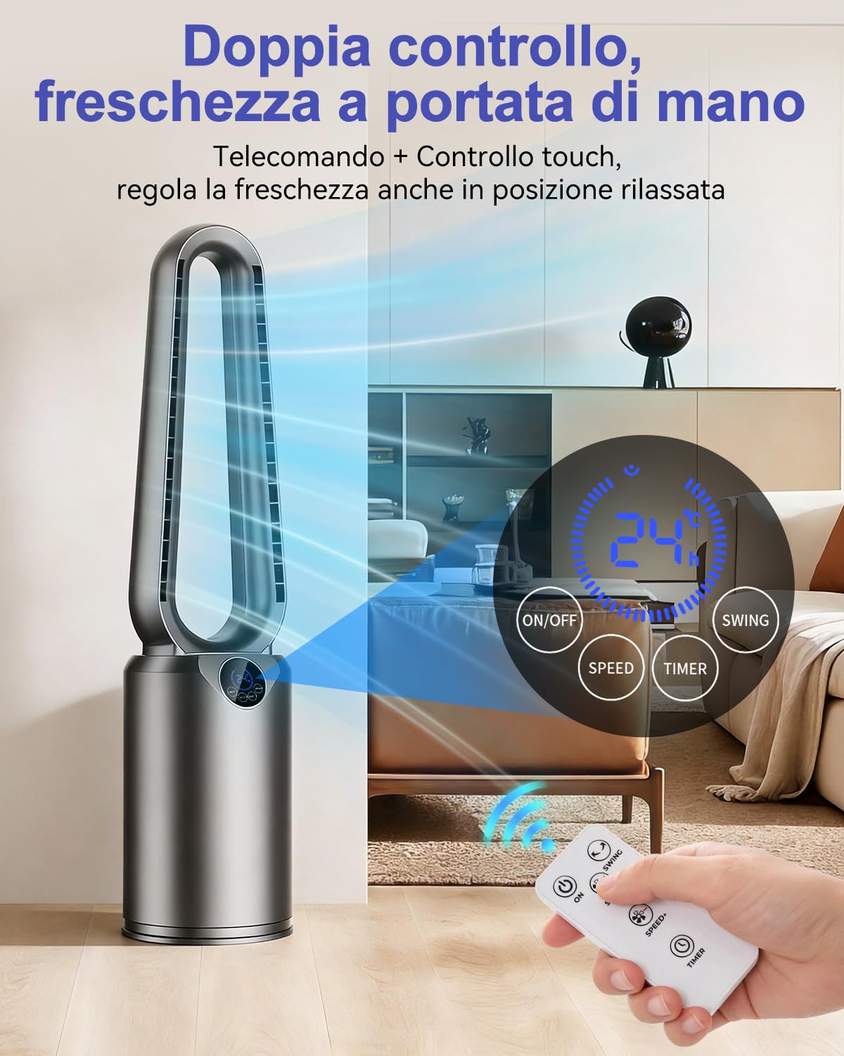 Ventilatore a Torre senza Pale/Silenzioso (25dB), 85 cm con Oscillazione 90° - Telecomando, Timer 12 ore, Purificatore d’Aria, 24 Velocità & 3 Modalità - per Camera da Letto/Casa/Ufficio/Portatile