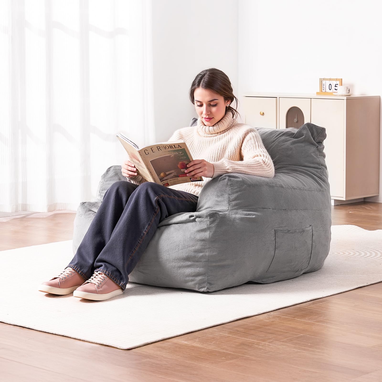 VEVOR Sillón Puff 1118 x 1143 x 780 mm con Reposabrazos para Adultos, Relleno de Felpa Esponjosa y Espuma de Alta Densidad, Sillón Puff para Adultos con Zapper para Sala de Estar, Dormitorio, Gris