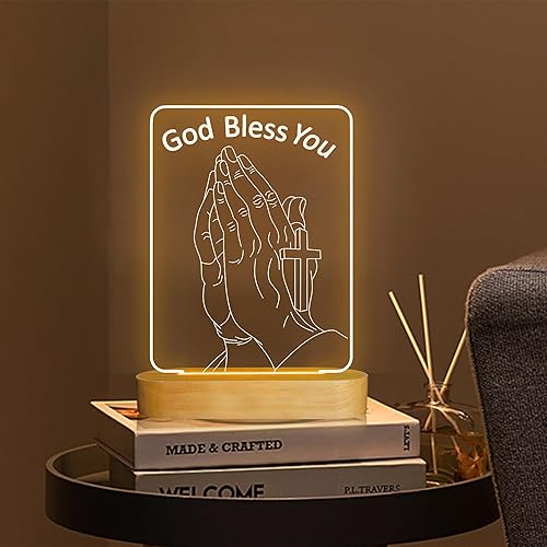 Miniatura 8 de Attivolife God Bless You Night Light with Wood Base, Praying Blessed Cross Illusion Warm Lamp, Home Room Desk Decor for Women Birthday Church Sacred