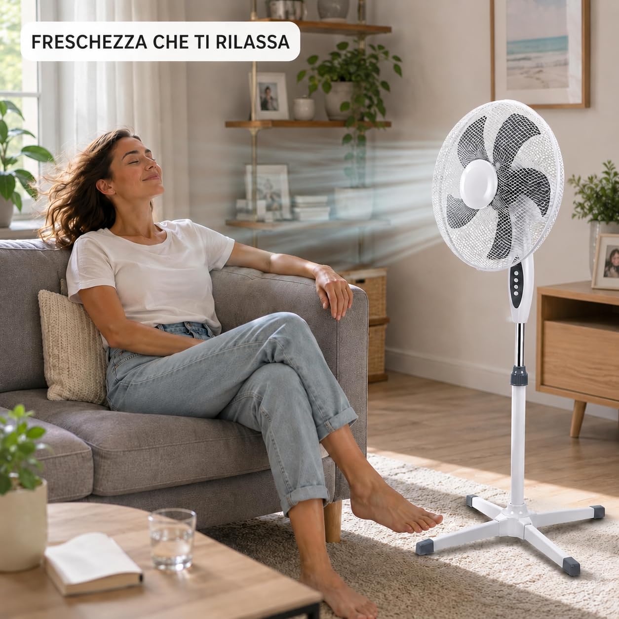 Ventilatore a Piantana Ø 40 cm BIANCO - FACILE MONTAGGIO - 50 W - 3 Velocità - STABILE e SILENZIOSO - Oscillazione Orizzontale - Altezza Regolabile 103-130 cm - Testa Inclinabile - Base a Croce