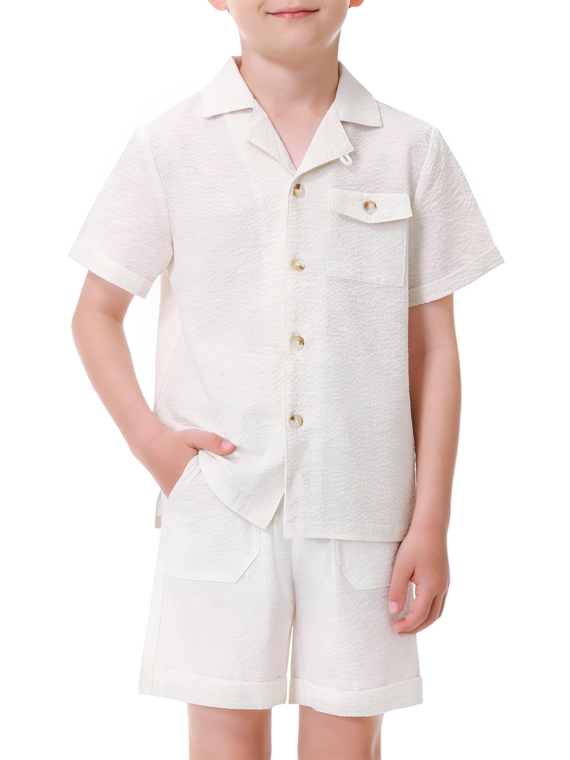 Volunboy Jungen Seersucker Sommer-Set, Texturiertes Camp-Kragen-Hemd mit Knöpfen & Elastik-Shorts, 4–10 Jahre