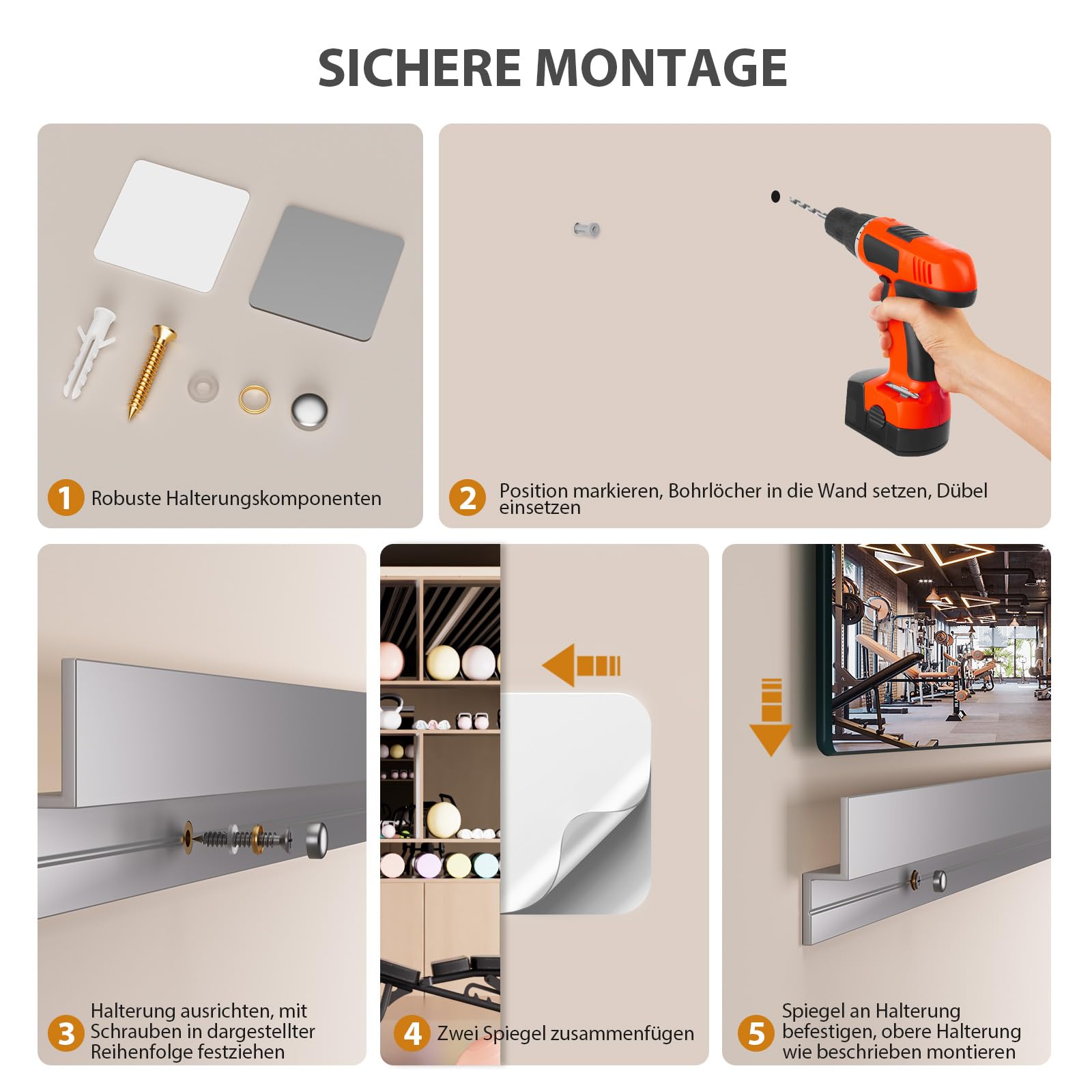 Snowdool Home Gym Spiegel 140x42cm 2 Stück, Rahmenlos & Gehärtet für Wand | Verzerrungsfrei, Sicherheitsglas, Polierten Ecken, Z-Halterung, Große Rahmenlos Ganzkörperansicht für Fitness, Garage, Tanz