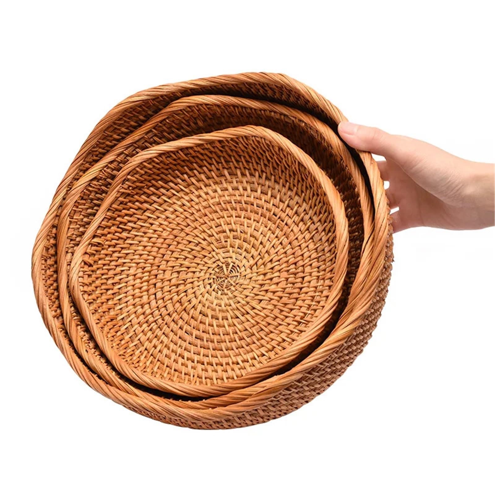 Round Rattan Woven Basket, Wicker Fruit Basket, Bread Food, Kitchen Home Decor, Organizer Breadbasket for Kitchen pour l'organisation de la Maison(Size 3)