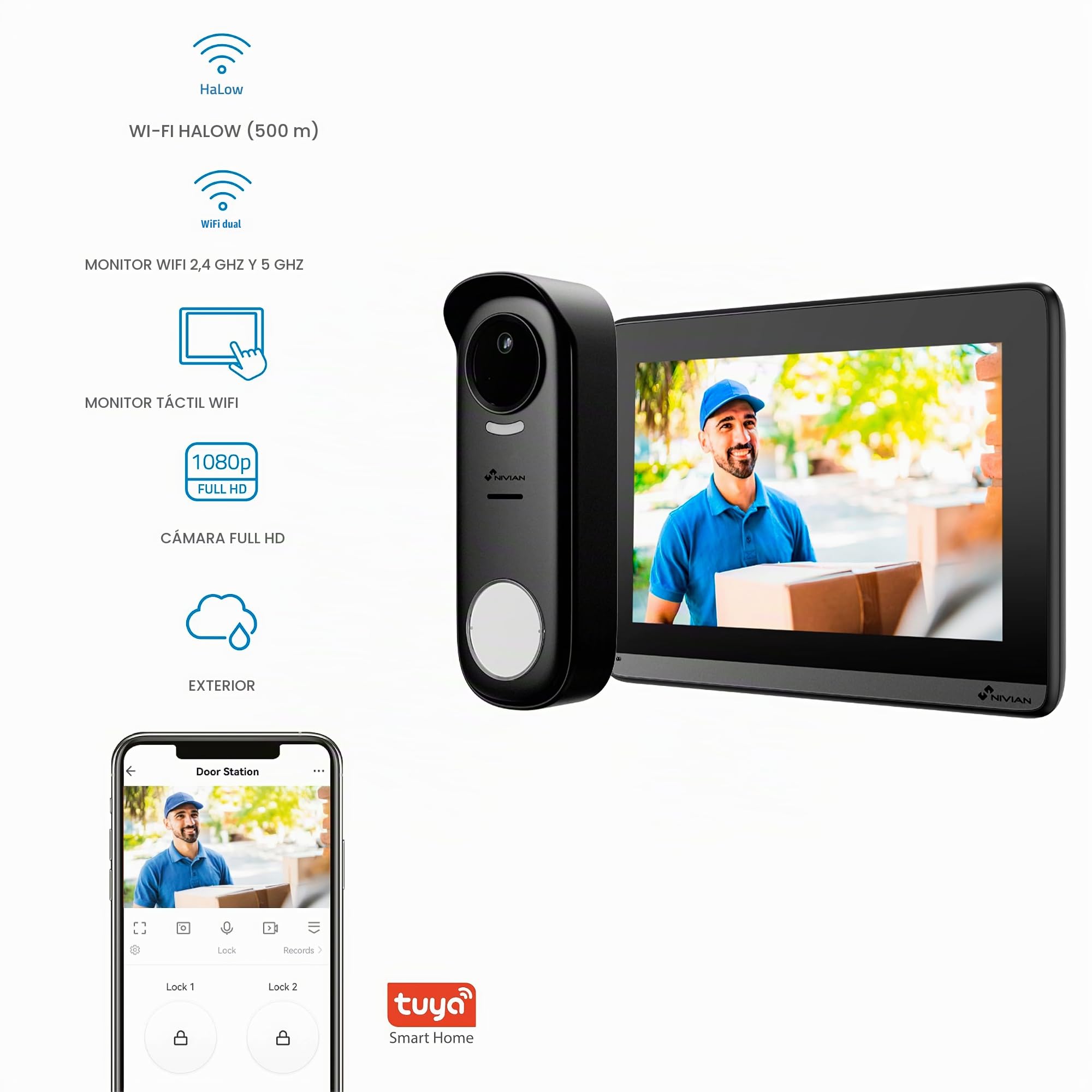 NIVIAN Videoportero Inteligente Inalámbrico WiFi con Monitor Táctil 7” Full HD, App Tuya, Audio Bidireccional y Abrepuertas Remoto, Placa Exterior IP65 con Visión Nocturna – Smart Security