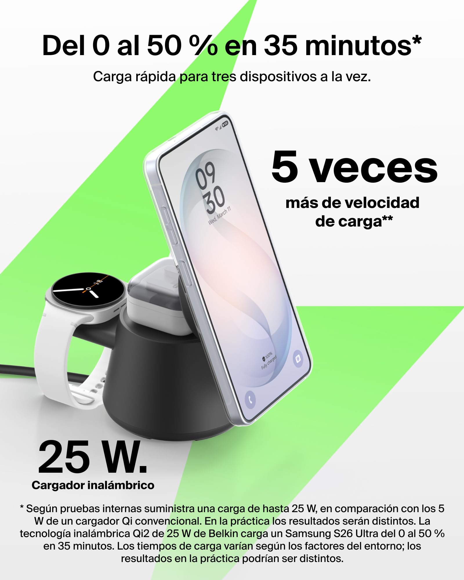 Belkin UltraCharge Pro Cargador Inalámbrico Magnético 3 en 1 Qi2 25W Negro | Estación de Carga Inalámbrica, Puerto USB-C y Certificación Qi2.2, iPhone, Galaxy, Auriculares y Reloj, Adaptador 45W