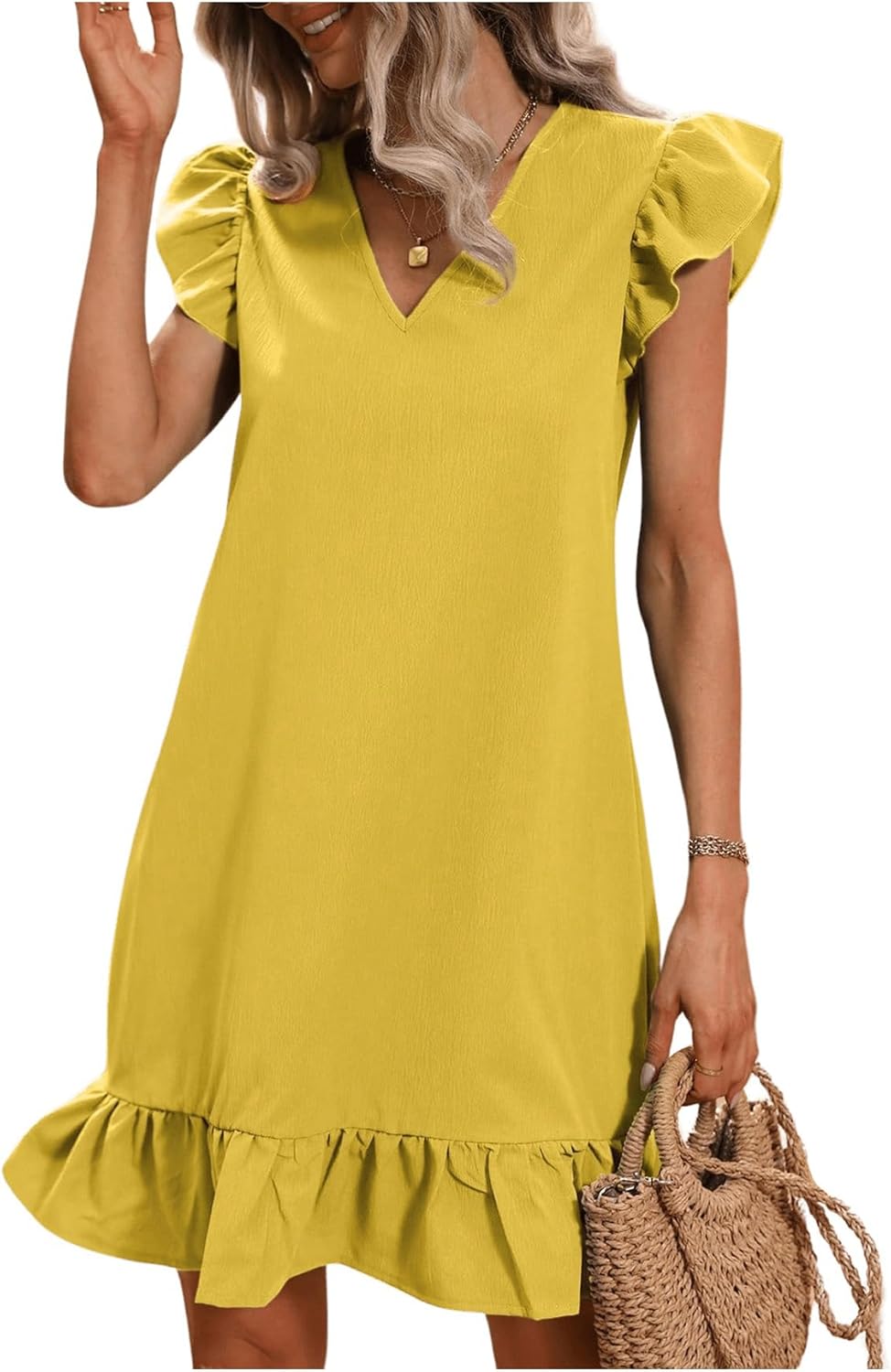 SOLY HUX Summer Dresses for Women V Neck Cap Sleeve Ruffle Hem Smock Short Dress