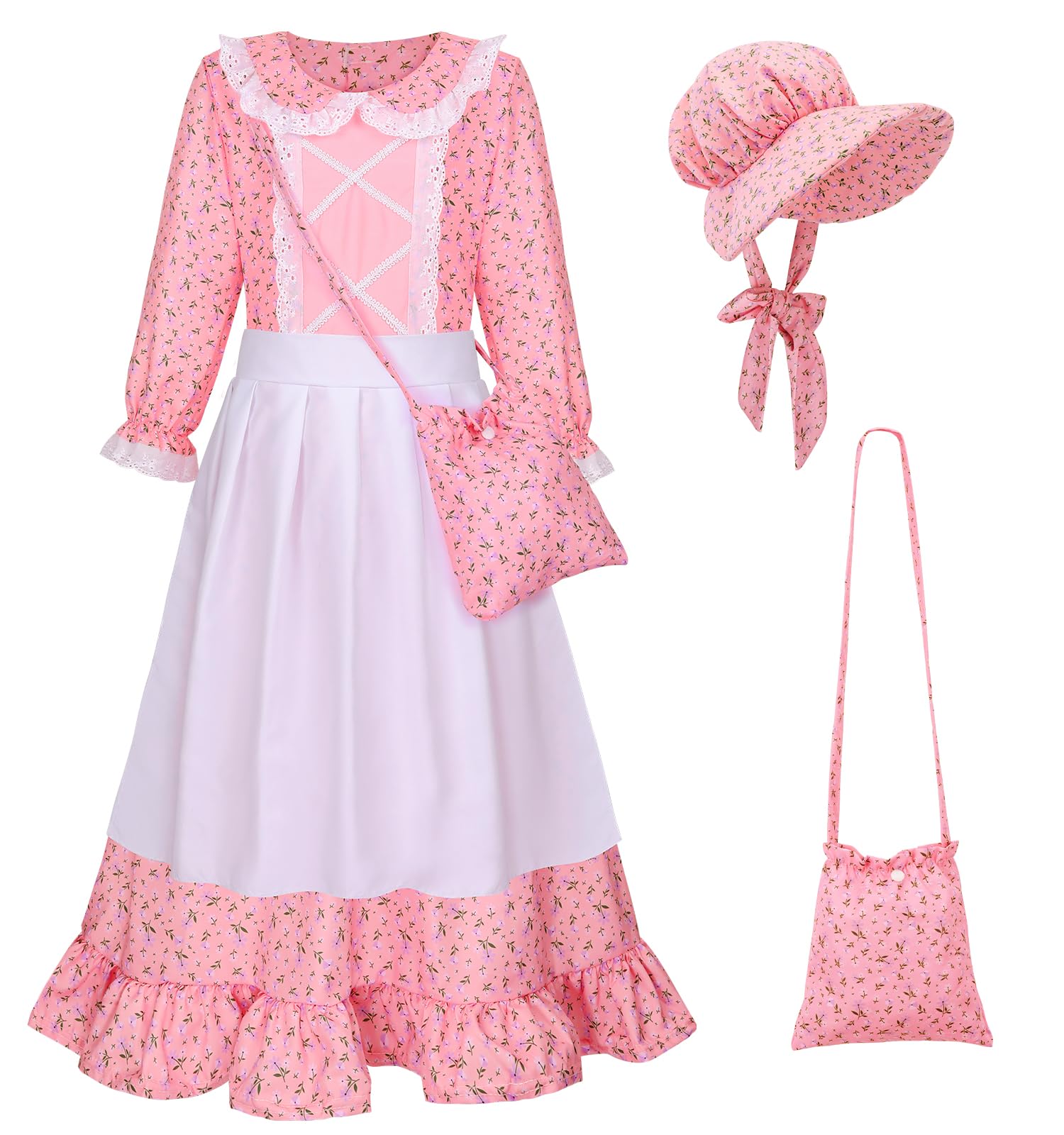 MELAND Victorian Costume Girl, World Book Day Fancy Dress with Apron and Bonnet for Girls Aged 5-13