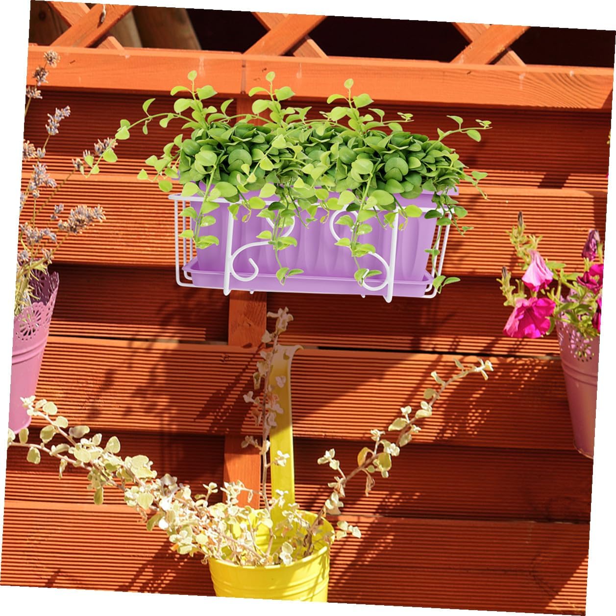 VANZACK Rectangular Hanging Vegetable Planter Pot with Tray for Garden Balcony Railing, Medium Purple Flower Pot with White Metal Frame, Windowsill Herb and Succulent Planting Container