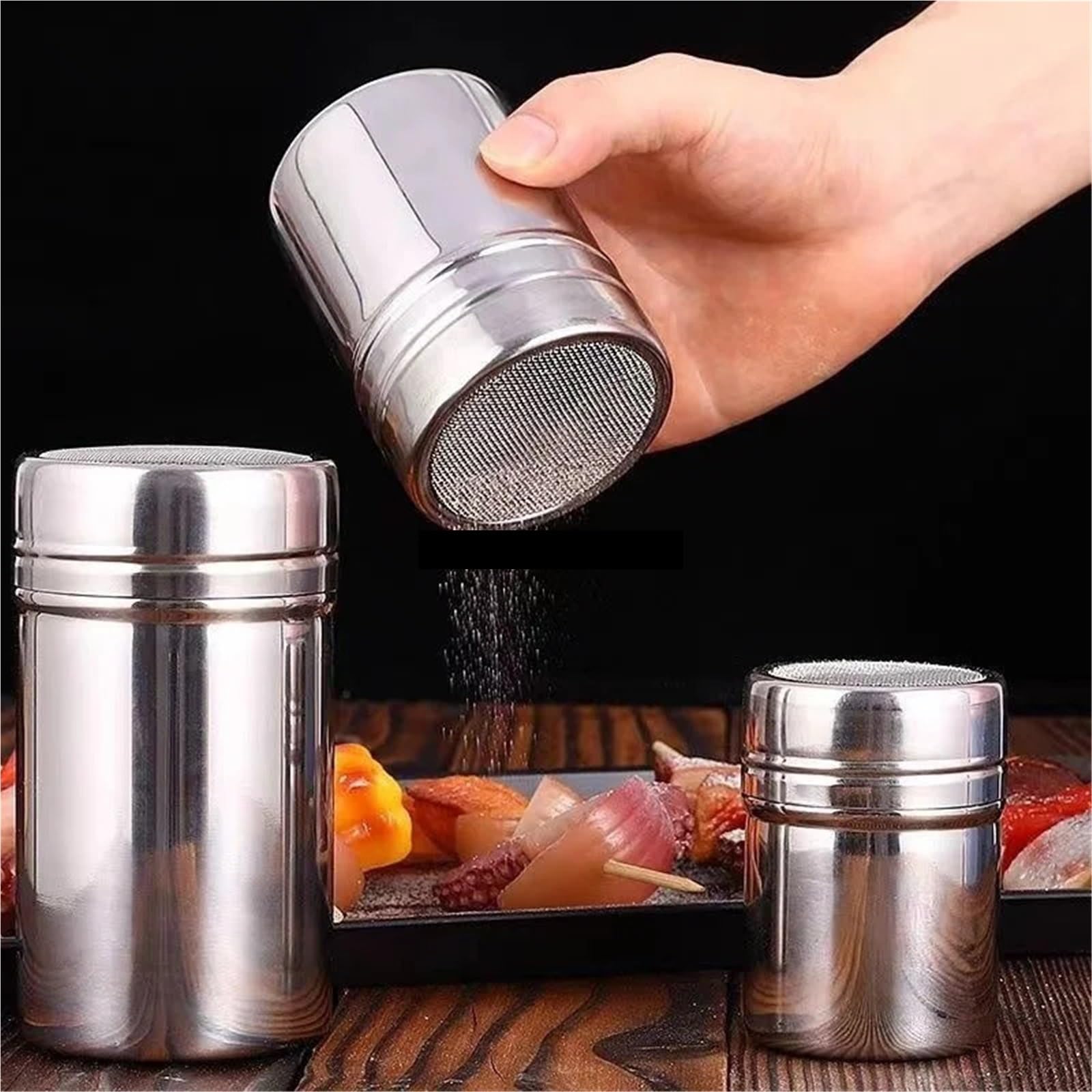 Salero agitador de condimentos malla acero inoxidable 3 piezas Para Casa | Tarro de especias Sal Azúcar Pimentero Caja Coctelera Cacao Polvo de glaseado(M)