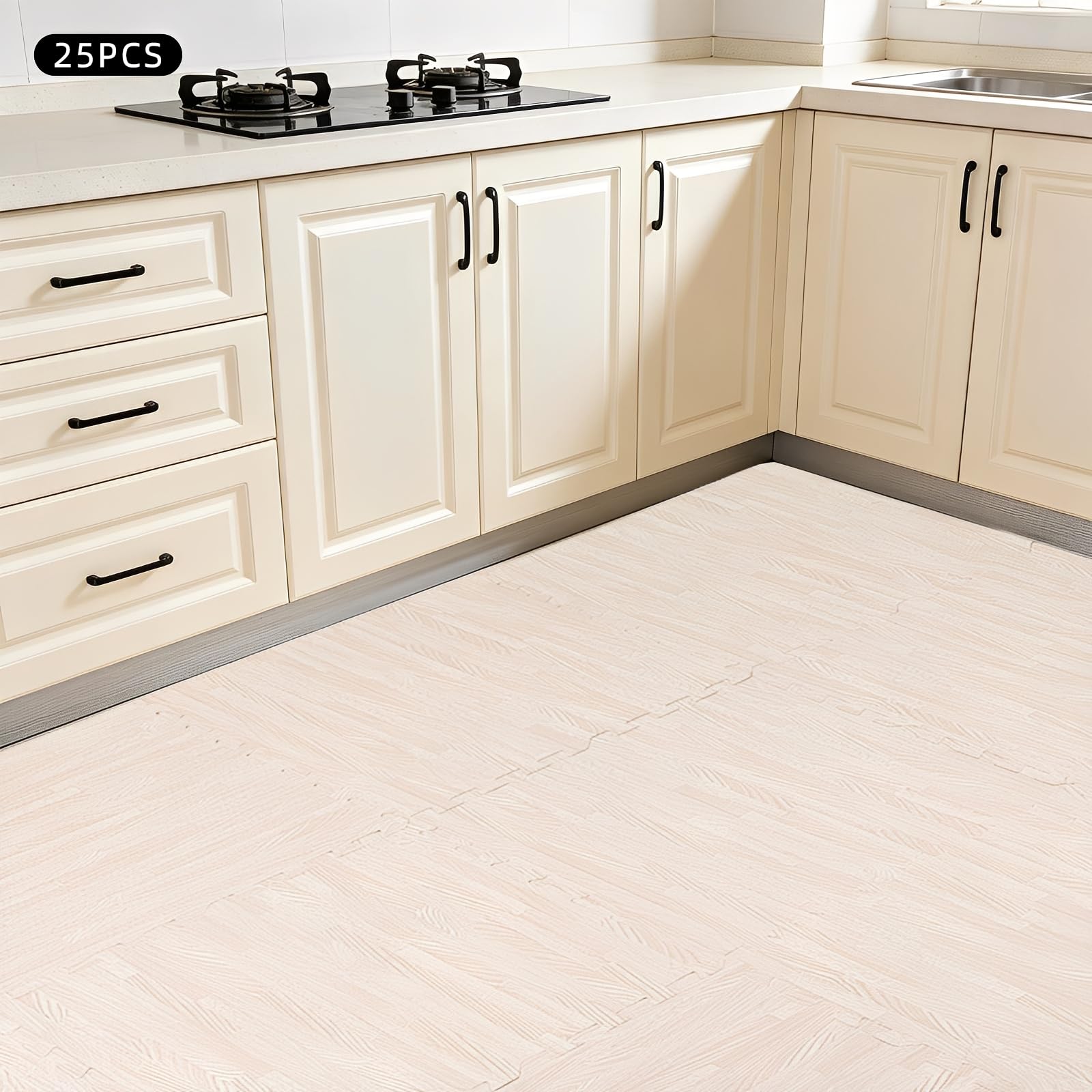 Płytki podłogowe z pianki, 25 sztuk, 60 x 60 cm, 10 mm grubości, pianka EVA, hybrydowa mata z rysunkiem słojów drewna, 9 m² płytki na klik, do salonu, biura, studia fitness, białe drewno