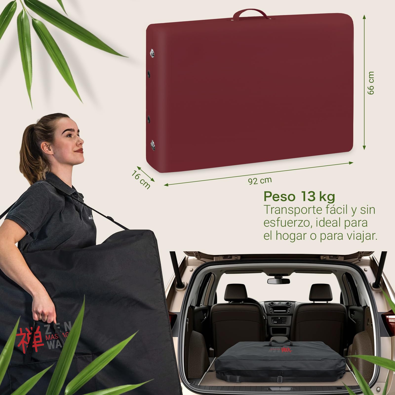 Zen – Camilla Masaje Plegable Mobile Startup de Altura Regulable - Camilla estetica sólida de Madera Maciza - Camilla Plegable con cabecera Regulable, reposabrazos y Bolsa de Transporte Burdeos
