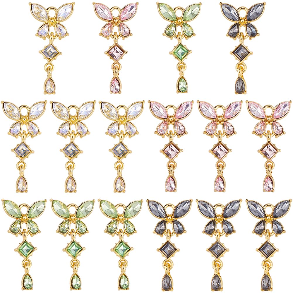 SUPERFINDINGS 16Pcs 4 Colors Butterfly Charms Alloy Rhinestone Butterfly Pendants Micro Pave Cubic Zirconia Pendants Elegant Crystal Zirconia Charms with Golden Loop for Jewelry Making, Hole: 2.5mm