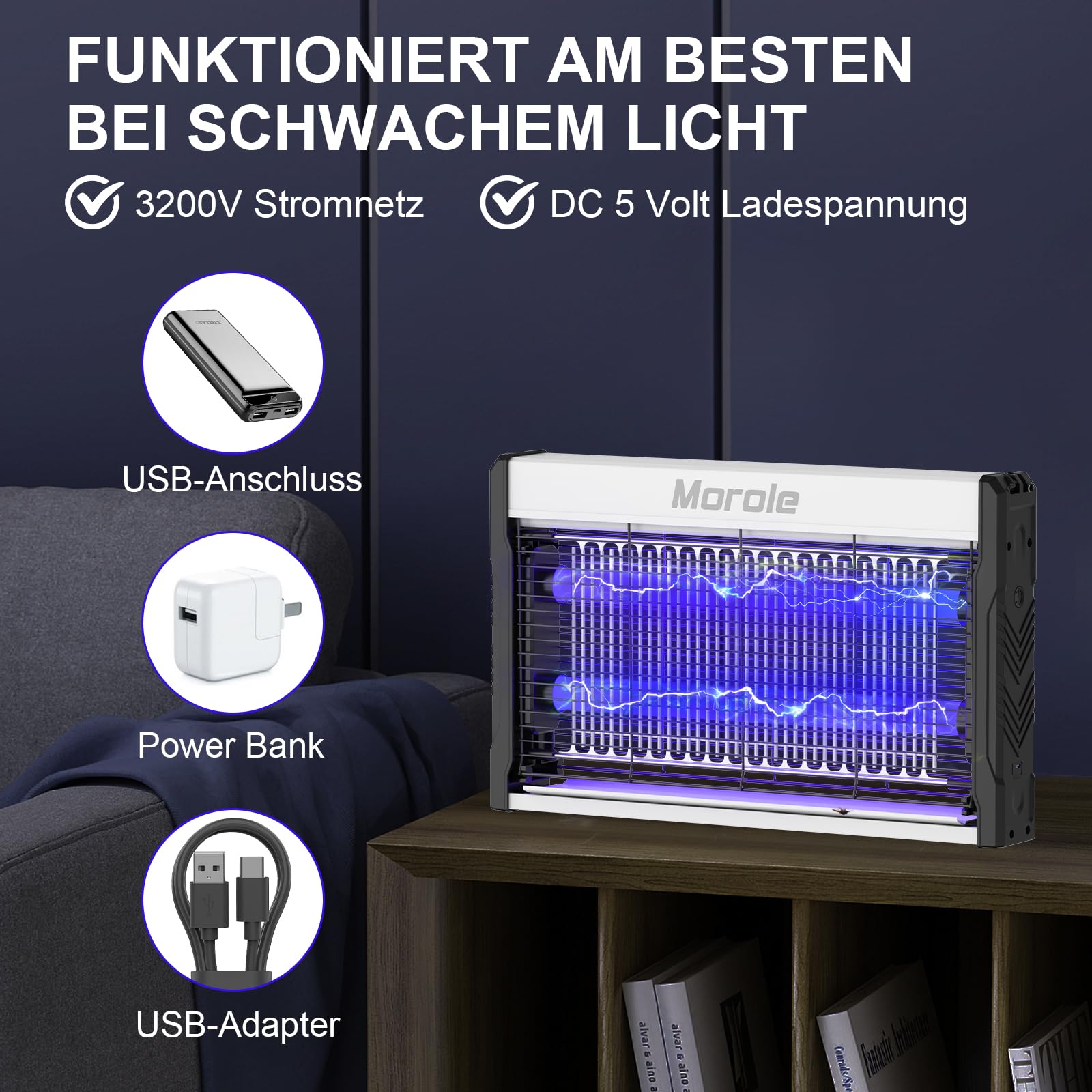 3200V Insektenvernichter Elektrisch, 2 UV LED Mückenfalle mit Schalter, Type-C Insektenvernichter mit Kabel, Wandmontierter Ultraviolette Mückenlampe, für den Garten Innen und Außeneinsatz
