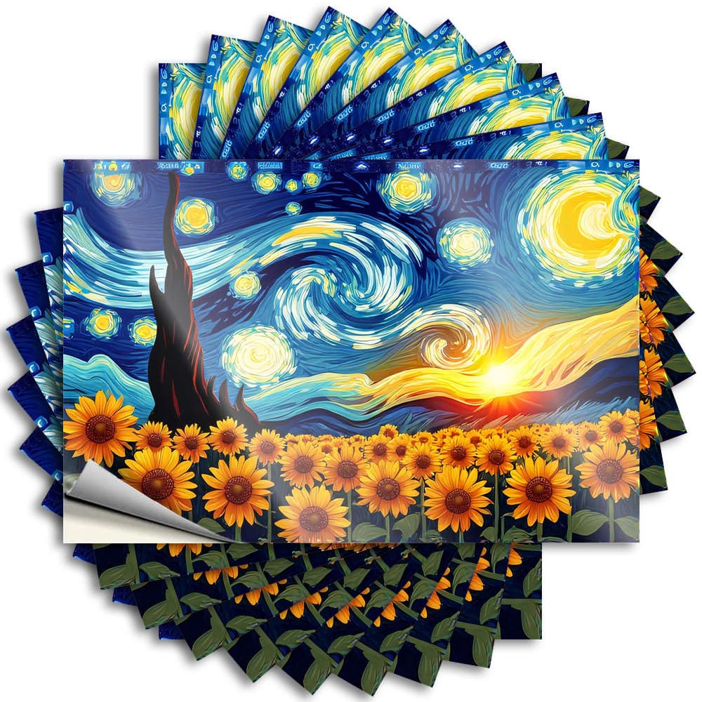 Funny Sticker Fun Comfort Books Case Sunflowers Under The Swirling Starry Sky - Scratch Resistant Stickers(8X12CM)