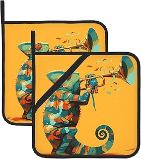 Chameleon blowing trumpet Picture Square Insulated Pot Mat 2-piece Set for Heat Insulation During Lid Removal, Microwave, Oven, and Outdoor Grilling Use