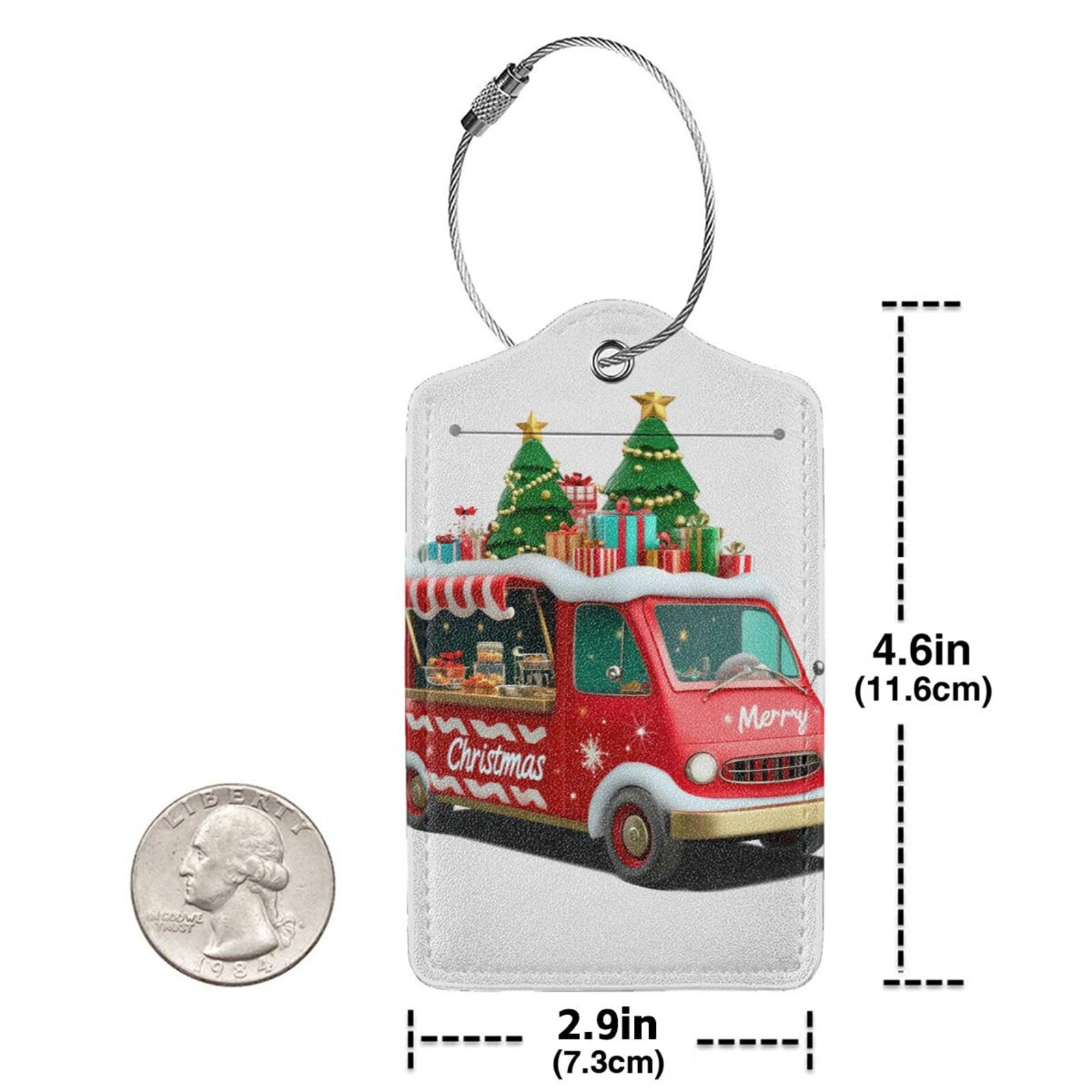 4 etiquetas de equipaje de piel sintética para maleta, autobús rojo con árbol de Navidad y etiqueta de equipaje de regalo con lazo de acero inoxidable, etiqueta de identificación de cubierta de