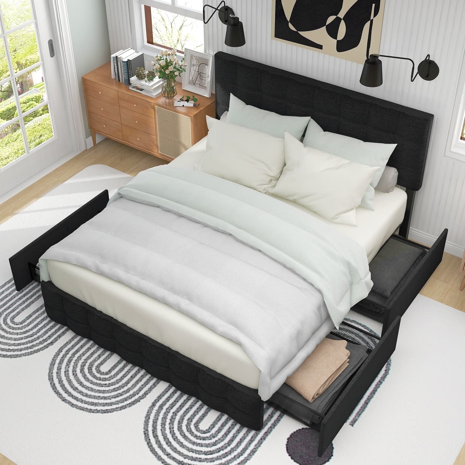 AMDXD Polsterbett mit 4 Schubladen & Federkernmatratze, Doppelbett mit Lattenrost, Stauraum Bett, höhenverstellbares Kopfteil Metalllattenstütze, Leinenmaterial 140 x 200 cm, Schwarz