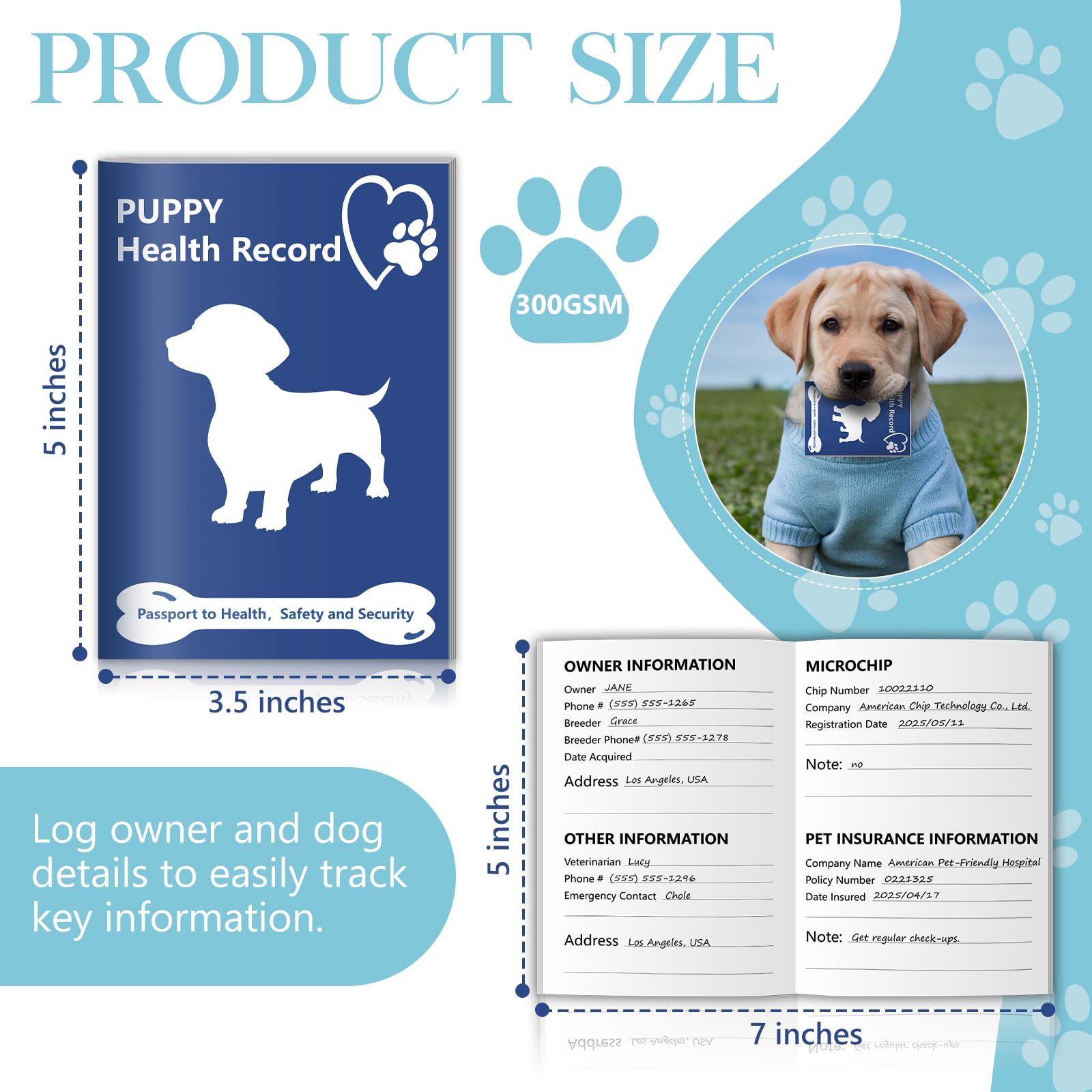Lot de 10 carnets de vaccination pour chien - 12,7 x 8,9 cm - Carnet d'information pour chien - Carnet médical et de vaccin pour les amoureux des animaux de compagnie - Soins médicaux de toilettage