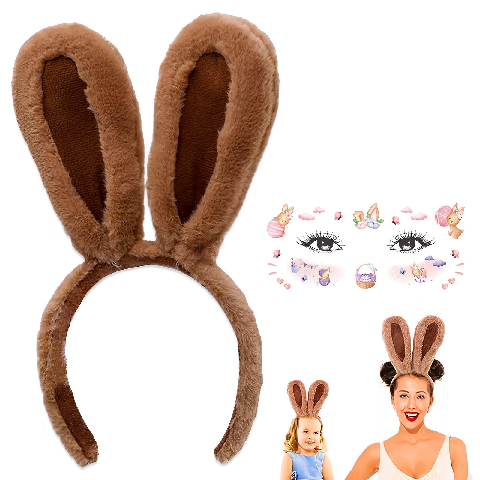 Hasenohren Haarreif Set mit Gesichtstattoo - Braune Osterhasen Ohren aus Plüsch für Mädchen & Damen, Bunny Ears Kopfschmuck für Karneval & Kostüm Party, Süße Ostergeschenke & Osterhasenohren ﻿
