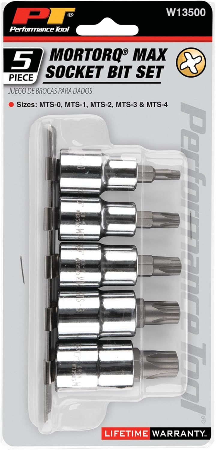 Performance Tool W13500 Mortorq Bit Socket Set, 5Pc - Professional Grade Torx Fastener Kit for Automotive and Industrial Applications