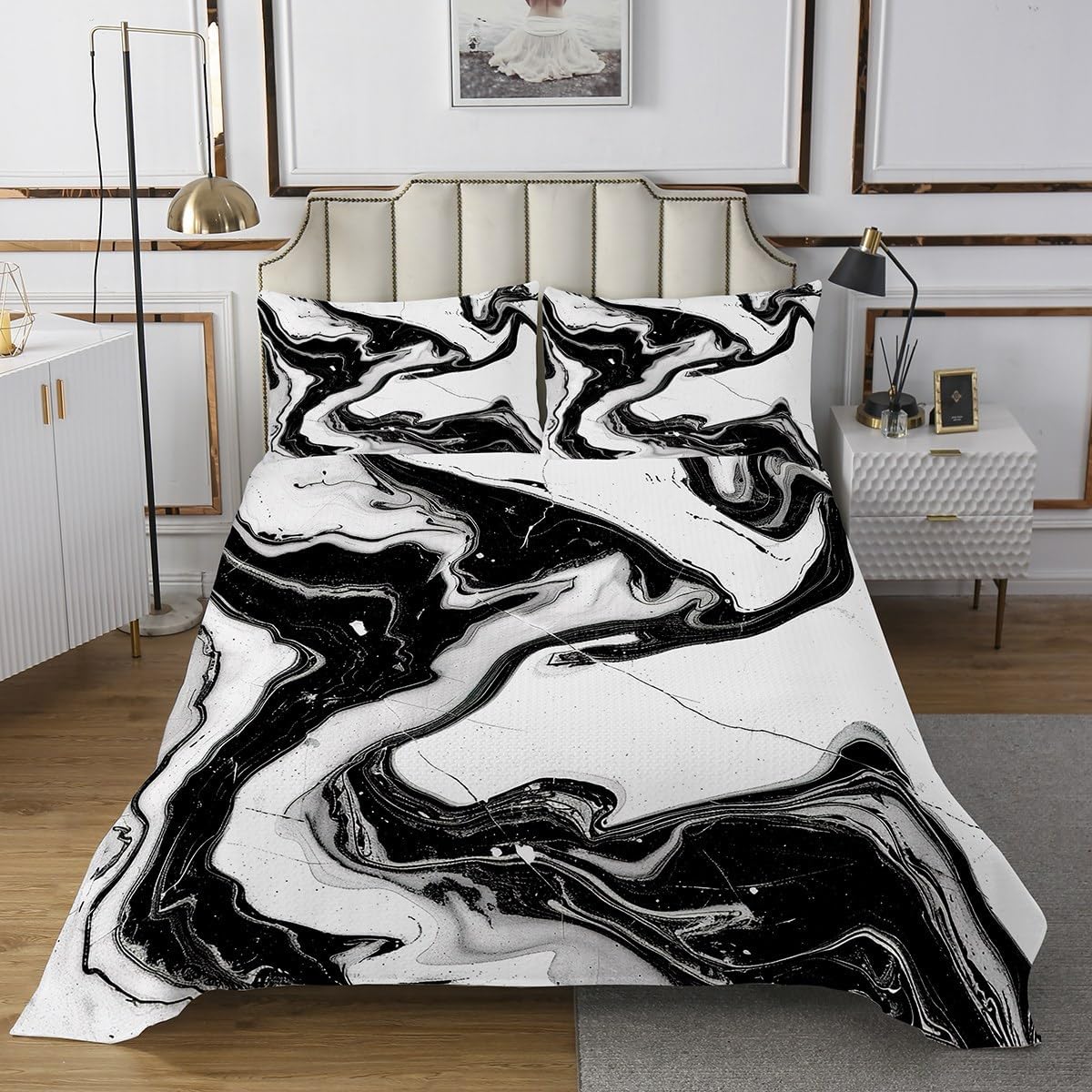 Marble Bedspread Abstract Marble Texture Quilt Set For Girls Women Kids Boys Teens Black and White Marble Decor Coverlet Set Luxury Art Liquid Painting Quilted Bedroom Collection 3Pcs Queen Size