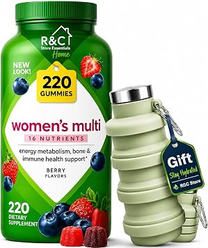 R&C Store Essentials Home Womens Multivitamins Gummy Vitamins, 220 ct. Bundle with Collapsible Water Bottle | Essential Nutrients, Bone & Immune Health Support | Berry Flavors | by R&C Store