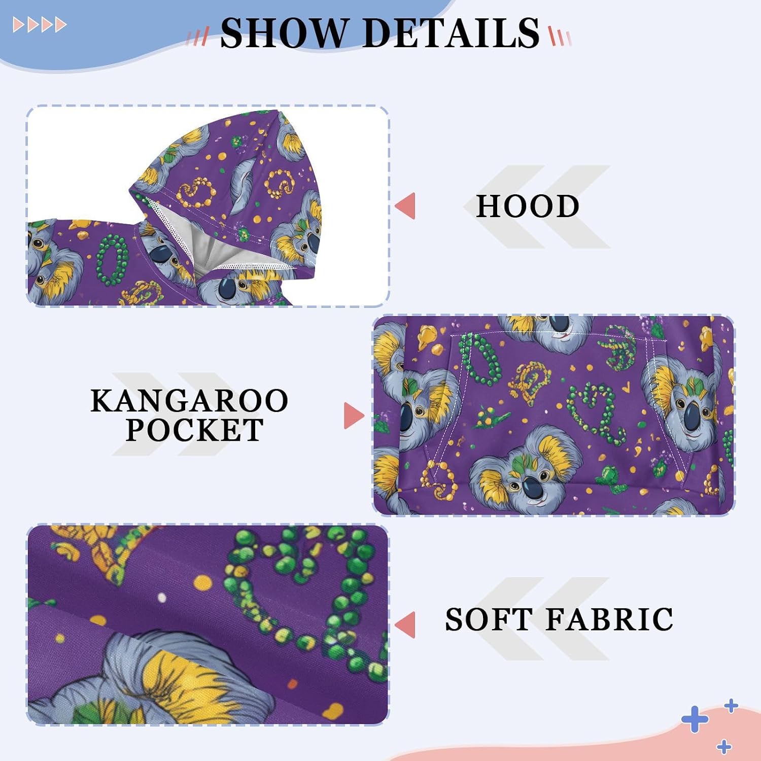 ZZXXB Koala Mardi Gras Beads Kids Sweatshirts Boys Girls Hooded Kangaroo Pocket Pullover Tops XS-XXL