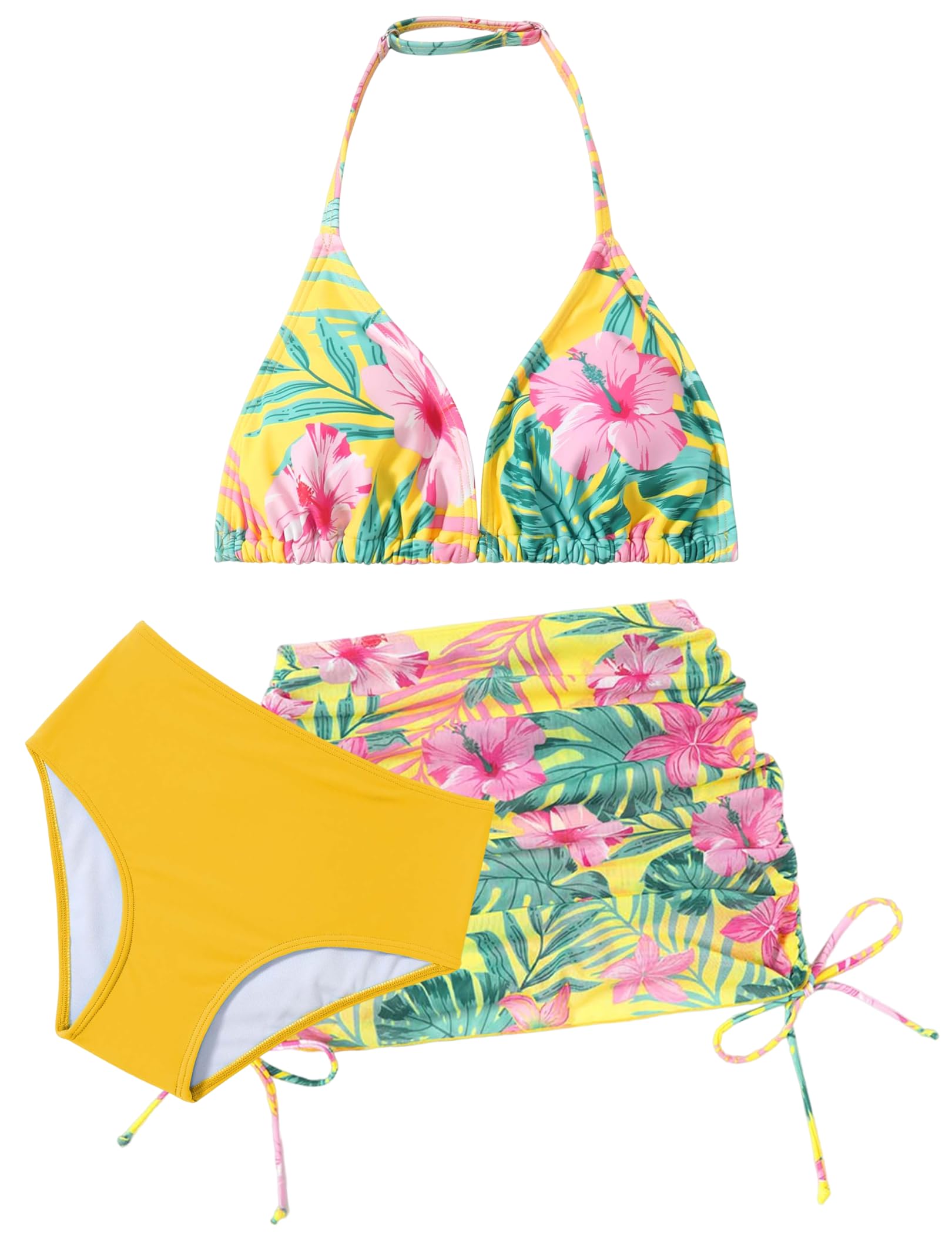 Arshiner Mädchen Bikini Set 3-teilig Kinder Neckholder Badeanzuge mit Rock Sommer Blumendruck Schwimmanzug für Mädchen 7-15 Jahre