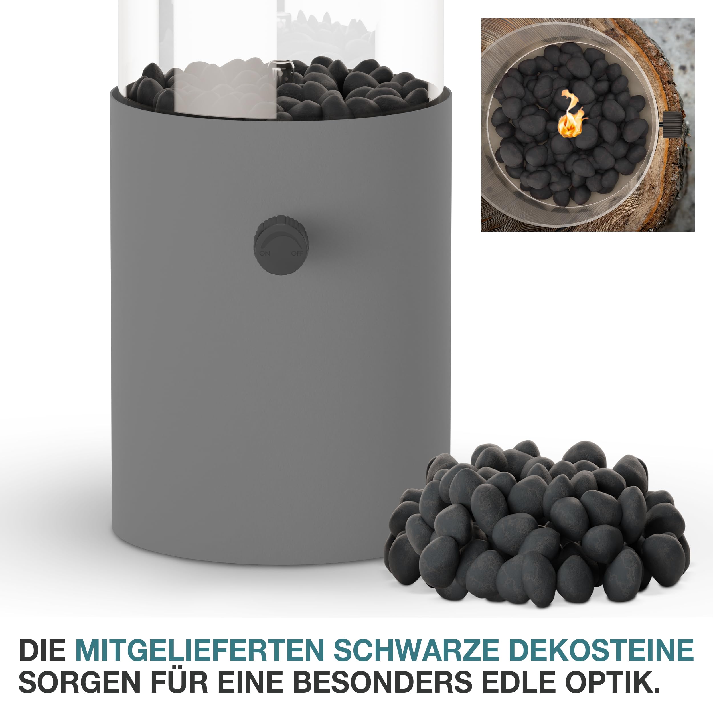 TOM Innovation XXL Gas Tischkamin - 12h Brenndauer für Indoor & Outdoor – Tisch Kamin Set – Tischfeuer mit Deko-Steinen – Plus 3X 190 g Stechgaskartusche