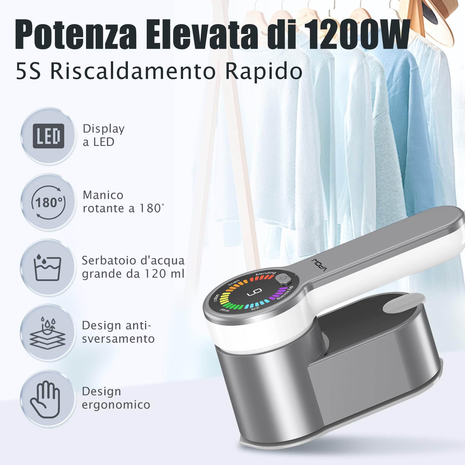 Ferro da Stiro Viaggio Stiratore Verticale: 2 in 1 Mini Stiratrice Portatile LCD - 1200W Riscaldamento Rapido con Capacità 120ml - Ferro da Vapore Togliere le Pieghe Facile e Veloce per Viaggi e Casa