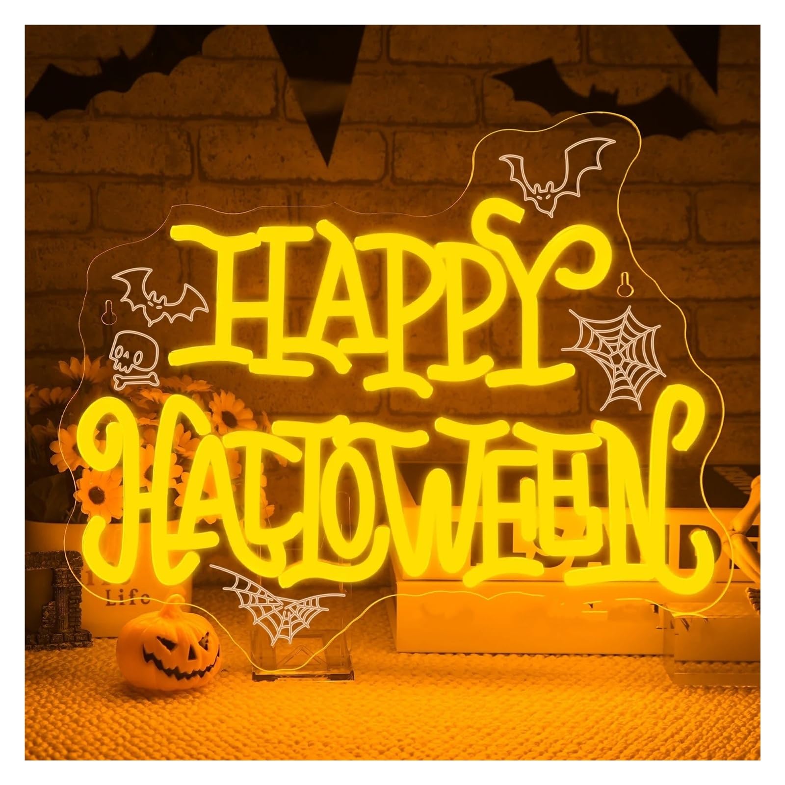 Hängende Kunst-Leuchtreklamen Happy Halloween Leuchtreklame Fledermäuse Spinnennetze Totenkopf Dimmbare LED-Licht-Wanddekoration für Halloween-Party 15.35×12.4in