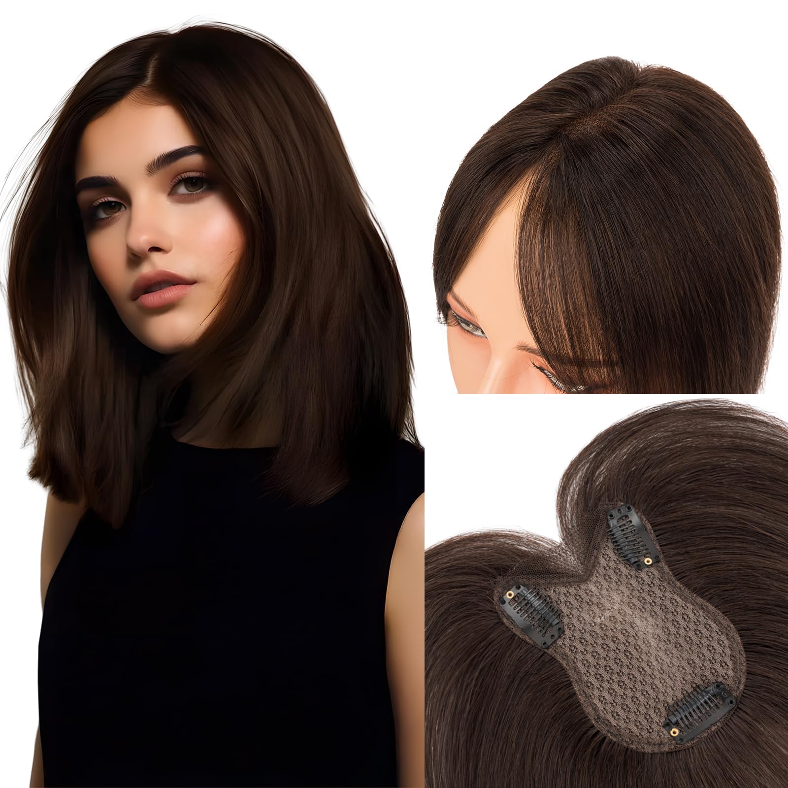 MY-LADY Topper Cheveux Humain Femme, Marron Foncé Volumateur Capillaire Naturel Fin Pour Femme Fille 21g Extension à Clip Cheveux Sans Frange(#02)