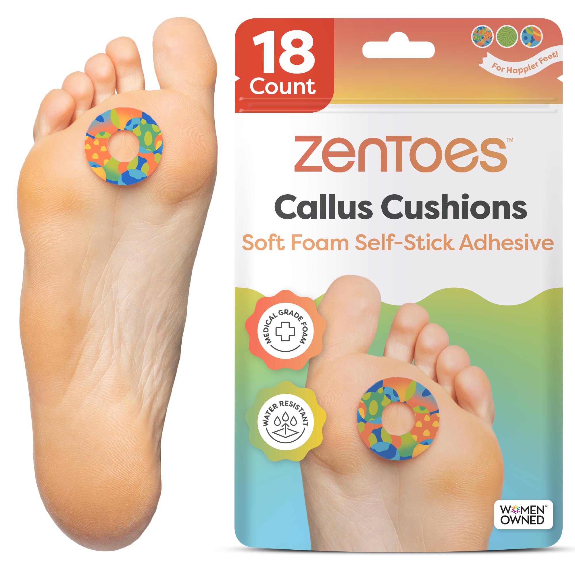ZenToes Callus Cushions | Water-Resistant Self-Stick Adhesive Corn Pads | Foot, Heel, & Toe Discomfort Relief | Soft Foam for Friction Protection |