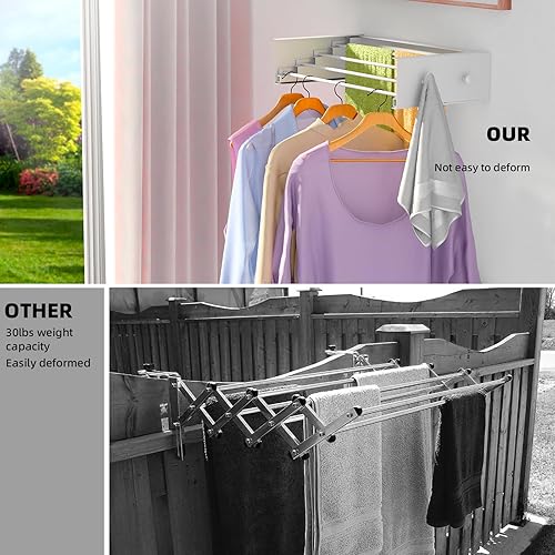 Vista 27 de Escurridor plegable para ropa sucia, montado en la pared, 31.5 pulgadas de ancho, 13.2 pies lineales, 5 varillas de aluminio, capacidad de 60