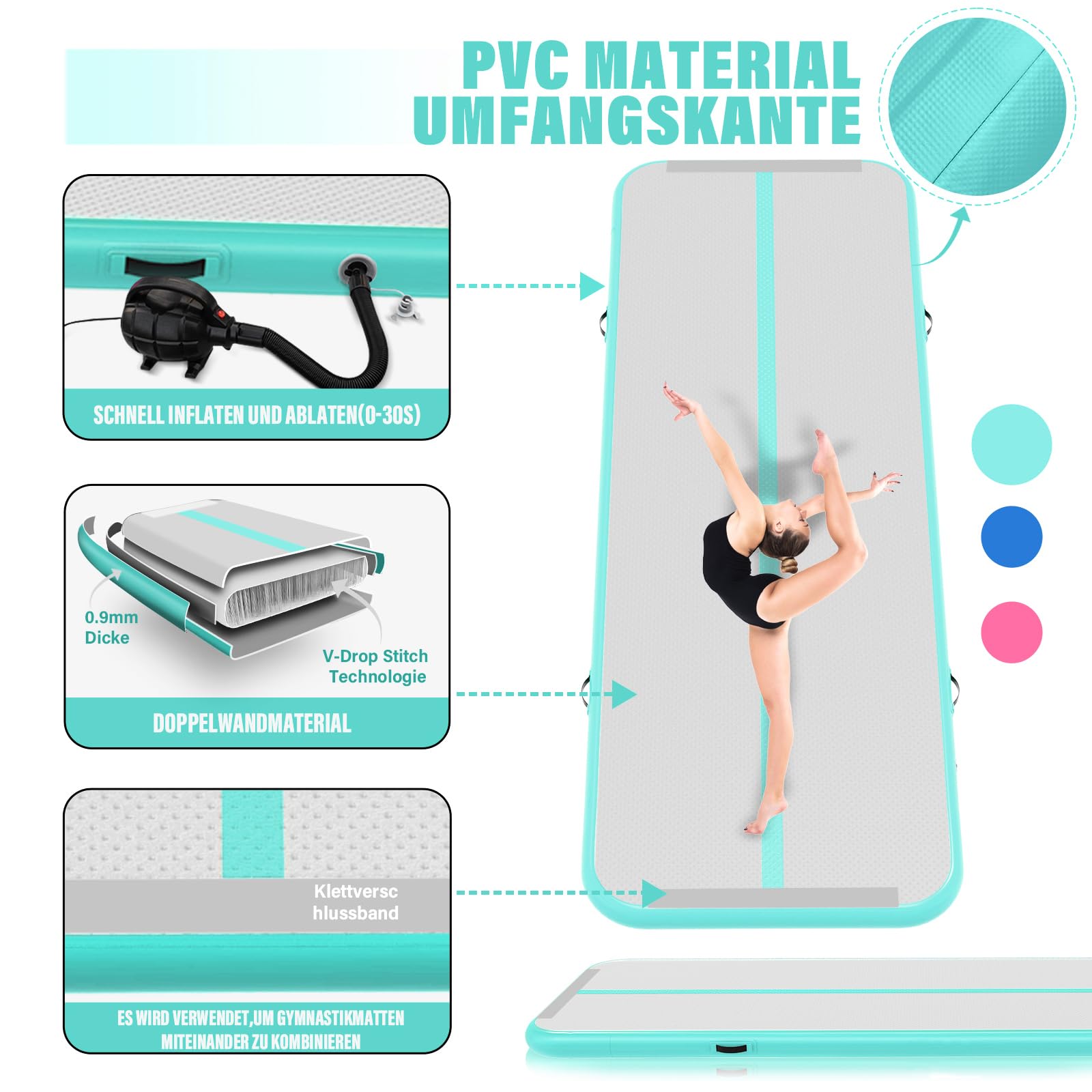 Air Track Ginnastica Artistica 3/4/5/6 Metri 10/20cm Spessore – Tappeto Ginnastica Artistica da Casa con Pompa Elettrica, Tappetino Gonfiabile per Allenamento, Yoga, Cheerleading, Fitness