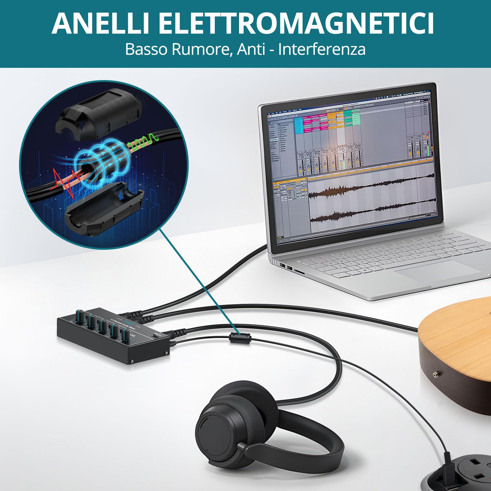 Mixer Audio 4 Canali Compatto con Interfaccia 6.35mm/3.5mm, Controllo Volume Indipendente e Alimentazione USB-C - Per Home Studio, Live Bar e DJ Portatile