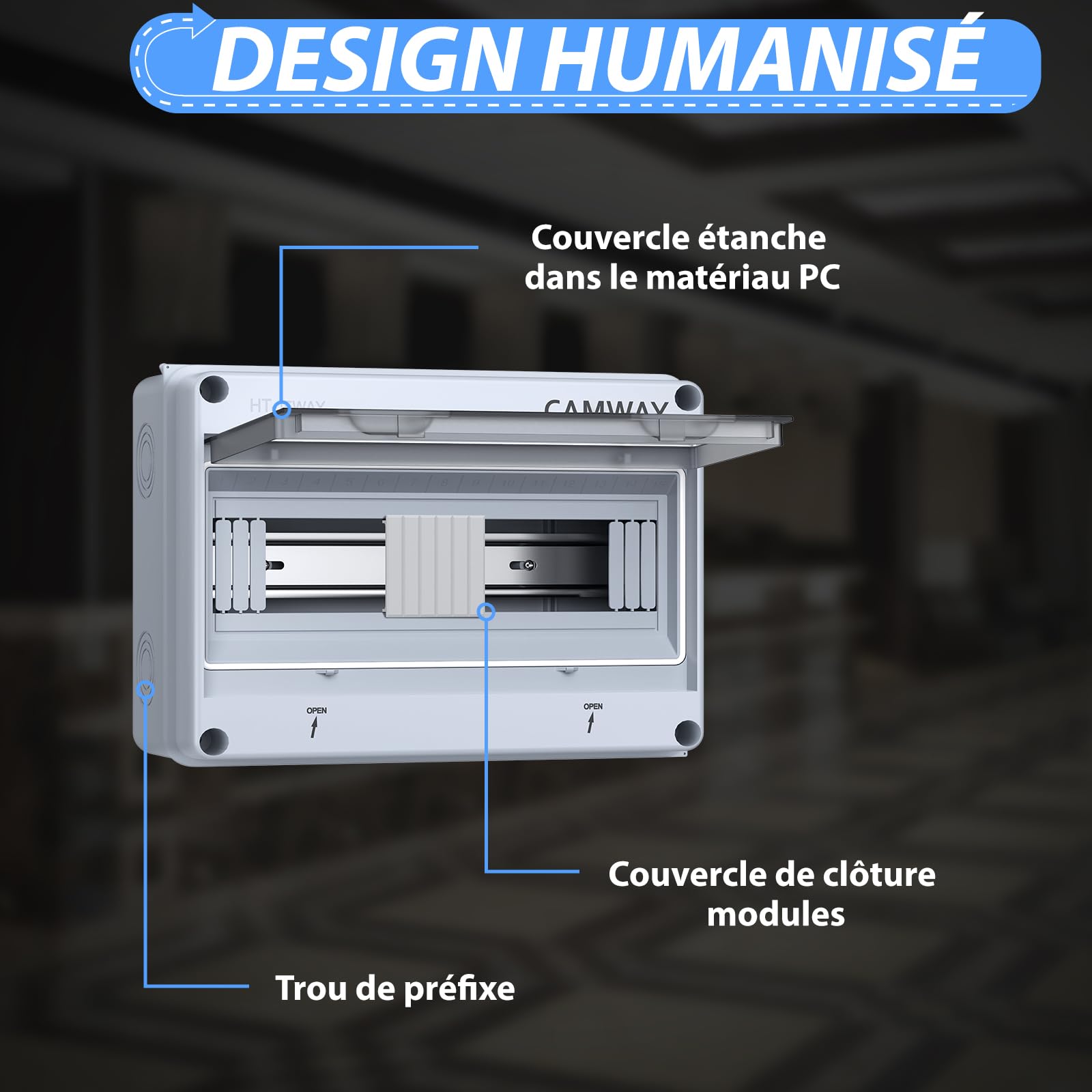 CAMWAY Boîte de distribution exposée 15 voies IP65,1 rangée de 8 modules pour utilisation extérieure, Boîte à Fusibles Exposée en ABS avec Porte Transparente Installation facile