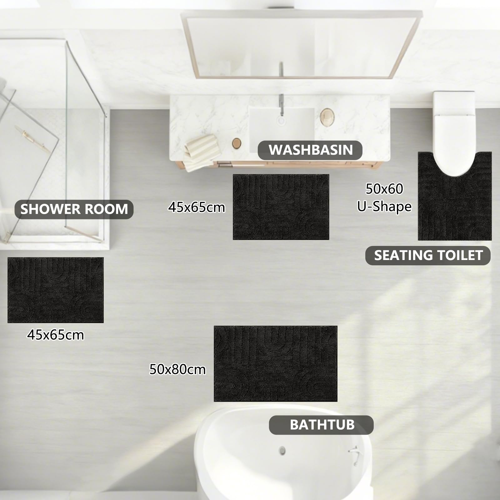 Homcomodar Set di 3 tappeti da bagno in microfibra, morbidi, antiscivolo, lavabili (nero)