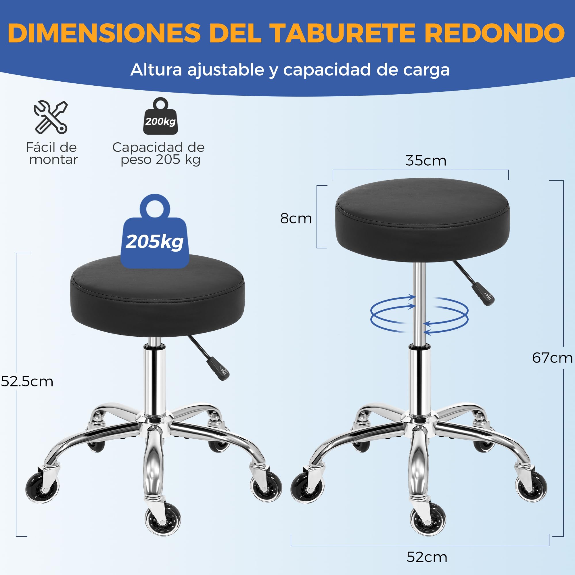 ANWBROAD Taburete con Ruedas, Taburete Giratoria de 360°, Regulable en Altura, Asiento Acolchado,Carga 205 kg, para salón de Belleza, Spas, clínica Negro WSC001B