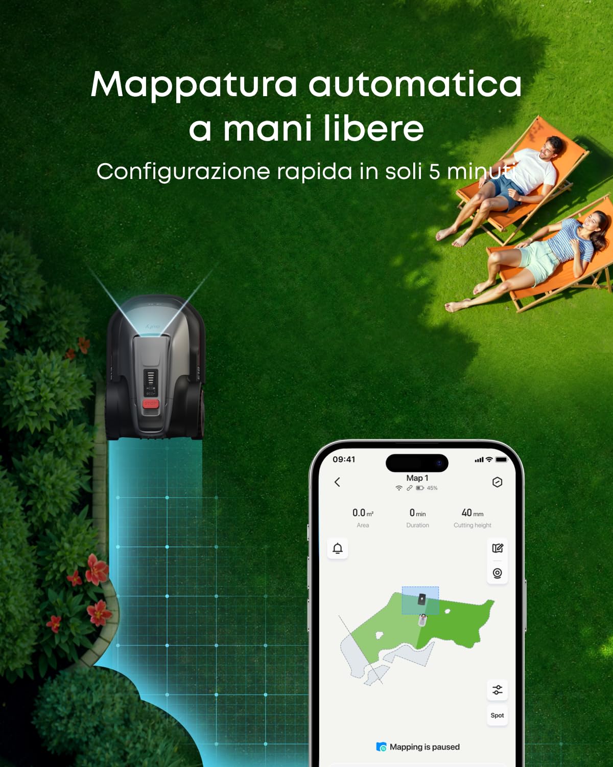 eufy Robot tosaerba E18, Senza cavo limitatore, Nessuna interruzione del segnale,Senza RTK, TrueVision, Sistema GNSS, Giardino fino a 1200 m², Taglio Preciso Bordi, Evita Ostacoli, Controllo App