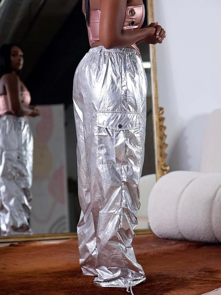 XZLUFNY Women Shiny Metallic Cargo Pants, Hip Hop