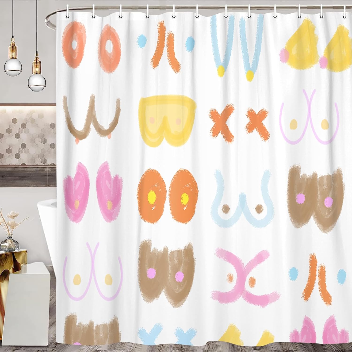 Funny Boobs Shower Curtain, Fun Funky Boobie Body Shower Curtain Set for Adults Bathroom, Colorful Nude Female Fabric Shower Curtain Restroom Bathtub Decor Accessories with Hooks 69X 75 inch
