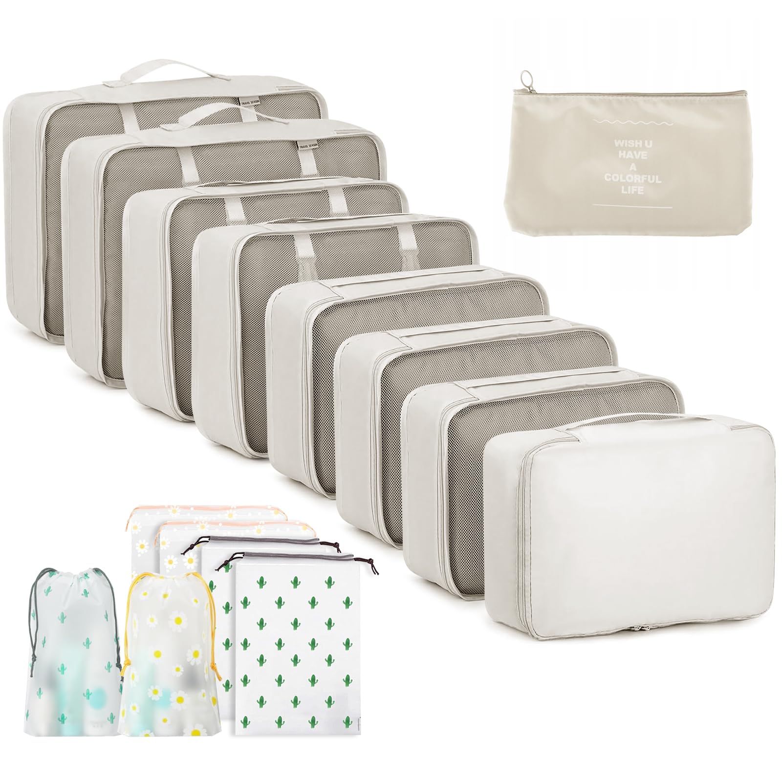 GIBOHOM Organizer Valigia, 15 Pezzi Set Organizer per Valigia, Packing Cubes per Vacanze e Viaggi, Divisori Valigia con Tasche Trasparenti, Beige