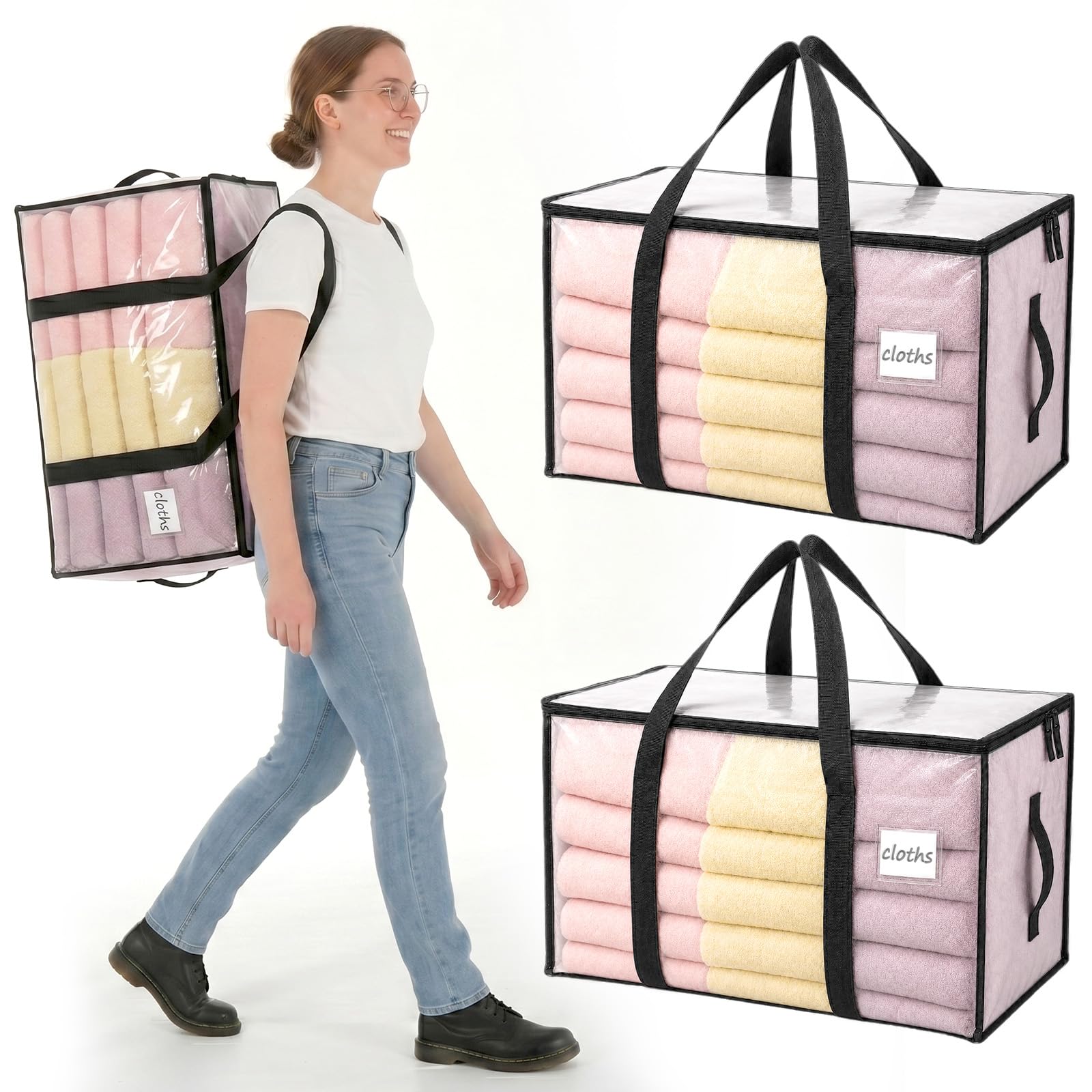 Velway Moving Bags and Storage Bags - 95L Heavy Duty Moving Boxes with Reinforced Handles & Zippers, Waterproof Storage Bags for House Moving, Bedding, Clothes, College Dorm Essentials, Clear, 2 Pack