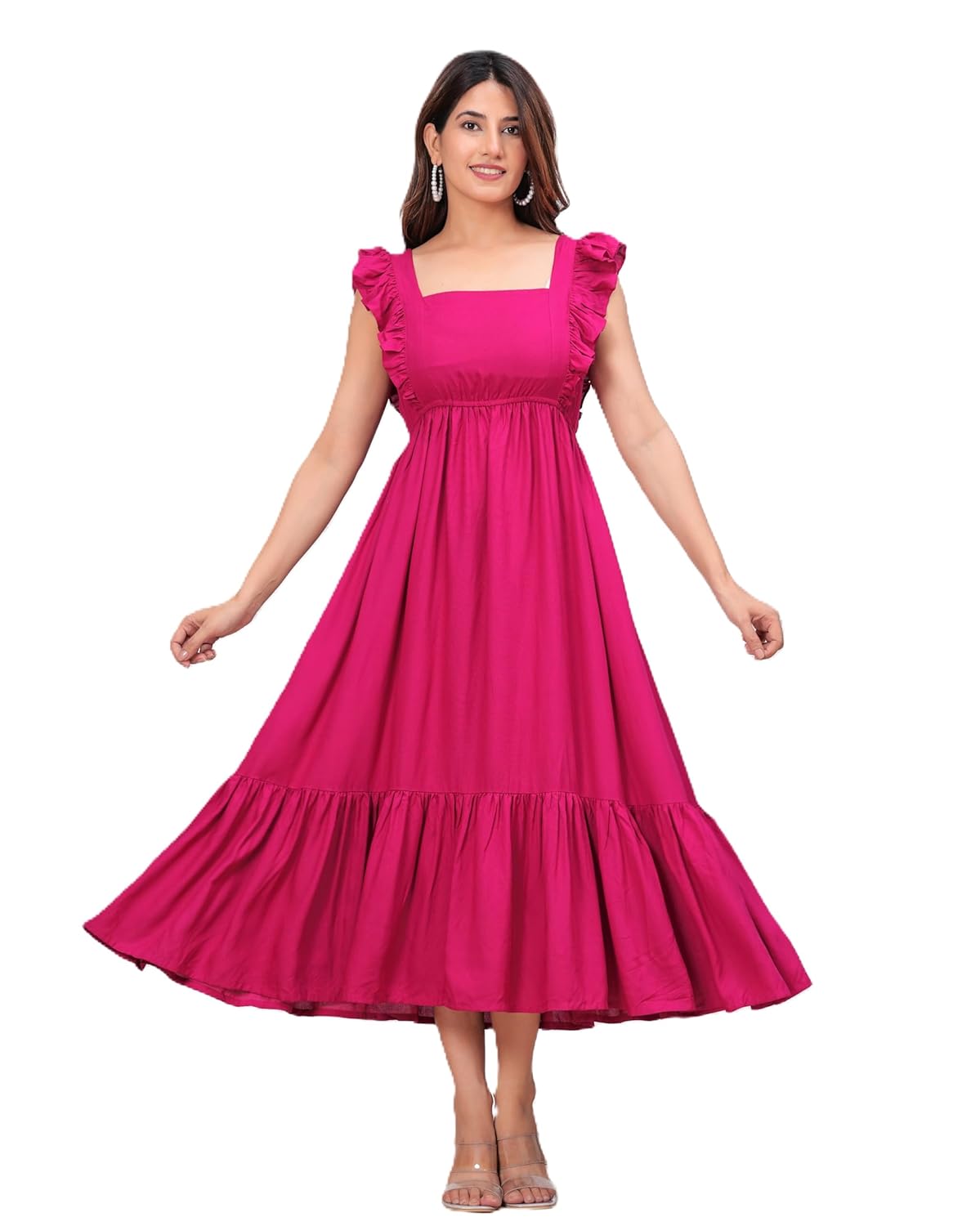 VR Prints Ruffled Strap Dress Square Neck Smocked High Waist Women Maxi Dresses