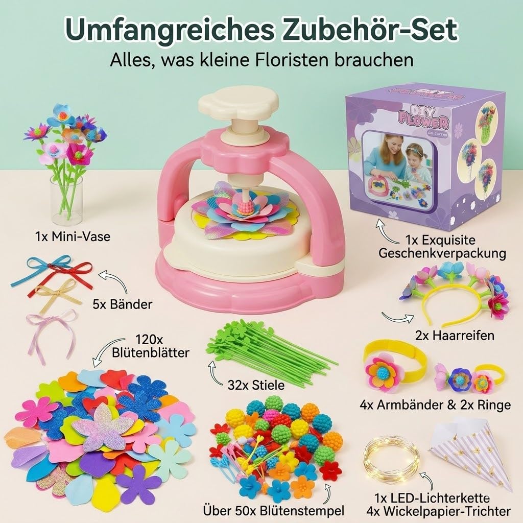 Blumenpresse Kinder mit doppelt so viel Zubehör, Geschenk Mädchen ab 4 5 6 Jahre, DIY Blumen Basteln für Haarreif Armband Ring,Blumenpresse Kinder