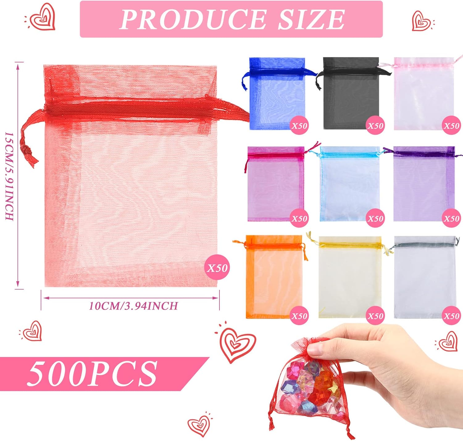 Woanger 500 Pcs Multicolor Organza Bags Bulk 4 x 6 Inch Small Drawstring Mesh Gift Bags Sheer Jewelry Pouches Sachet Candy Pouch for Wedding Favor Holiday Festival Birthday Party Shower