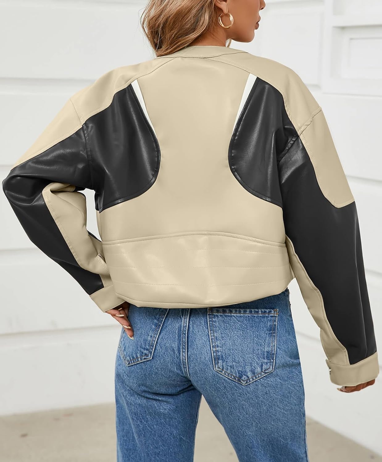 Tankaneo Womens Faux Leather Bomber Jackets Cropped Zip Up Color Block Fall Casual Moto Biker Coats - Image 5