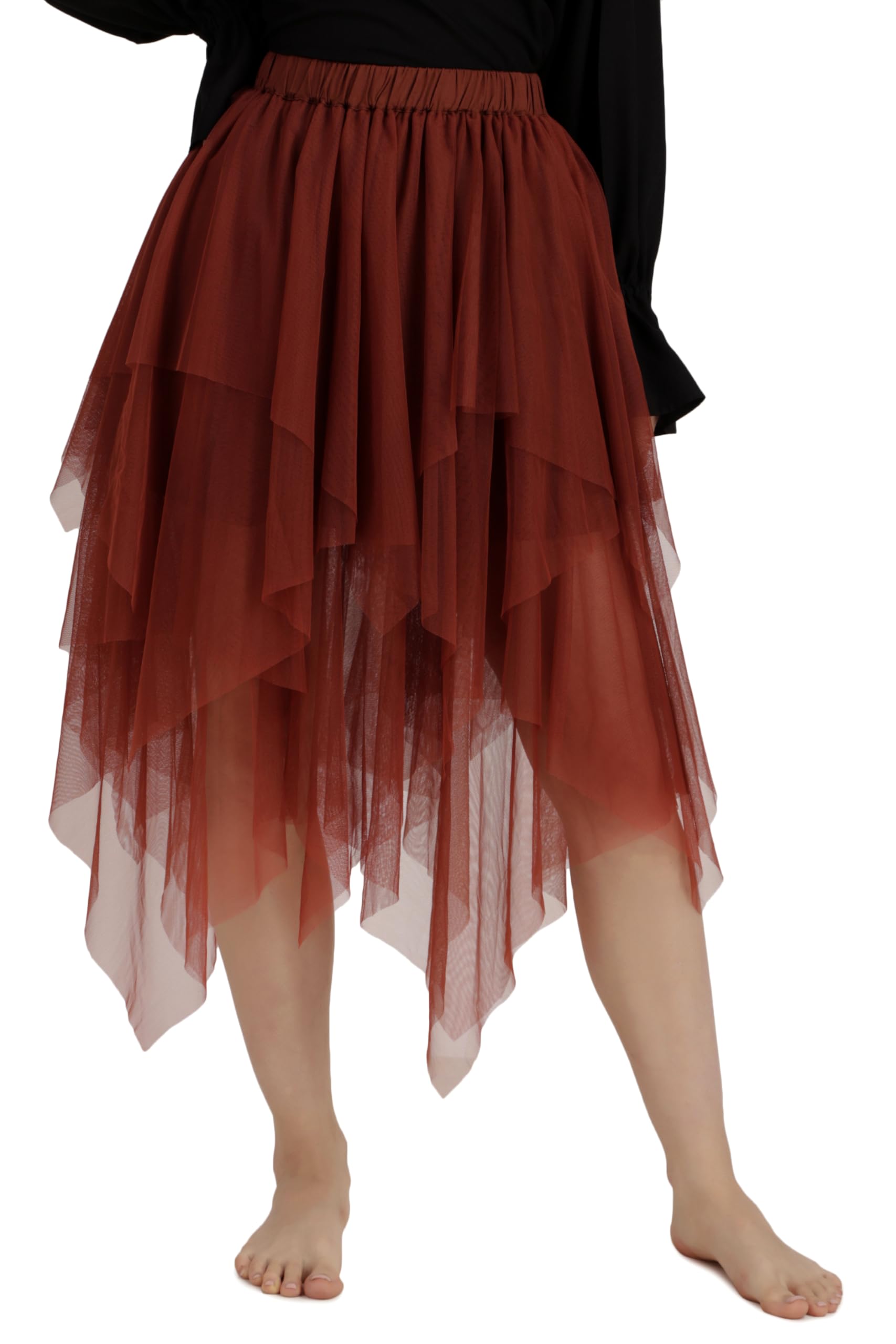 BoheeWohee Women's High-Low Asymmetrical Tulle Midi Skirt Elastic Waist Layered Fairy Skirt