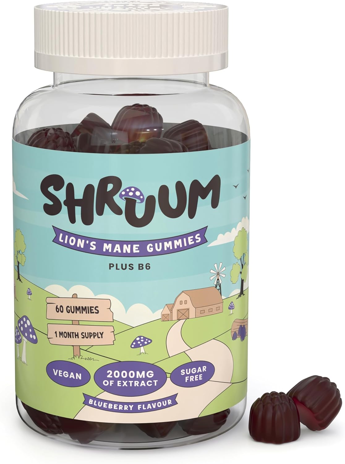 SHRUUM Focus: Lions Mane Gummies – 2000mg High Strength Lions Mane Supplement with B6 – Vegan, Sugar Free, Blueberry Flavour – 60 Tasty Gummies – 30 Day Supply – for Focus and Mental Clarity.